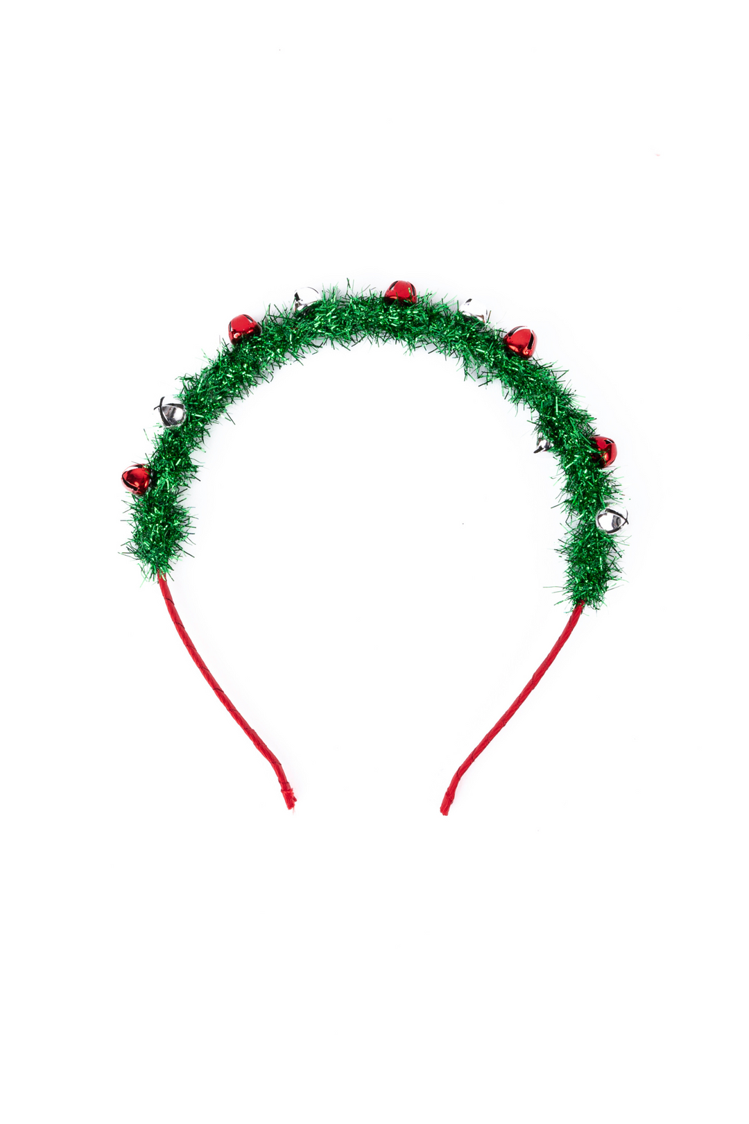 Great Pretenders Deck the Halls green tinsel Christmas headband for kids featuring red and silver jingle bells.