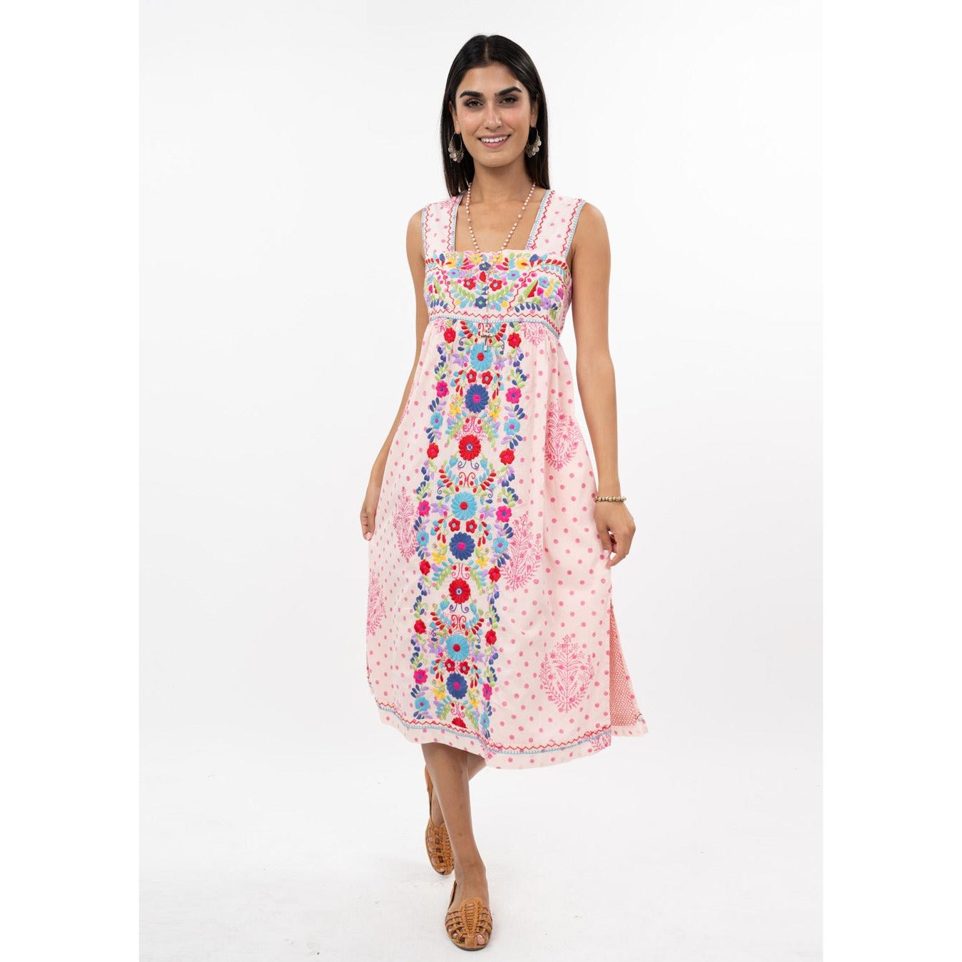 Sister Mary Valentina Dress in pink featuring a square neckline and vibrant central floral embroidery.