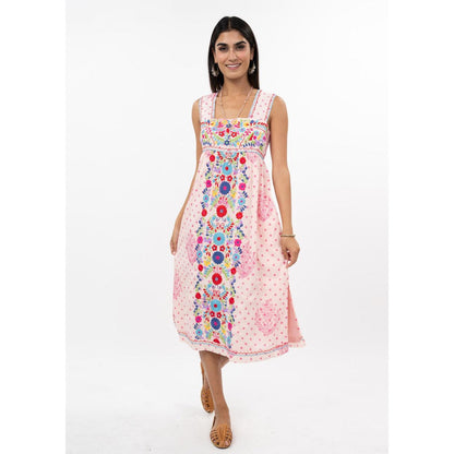 Sister Mary Valentina Dress in pink featuring a square neckline and vibrant central floral embroidery.