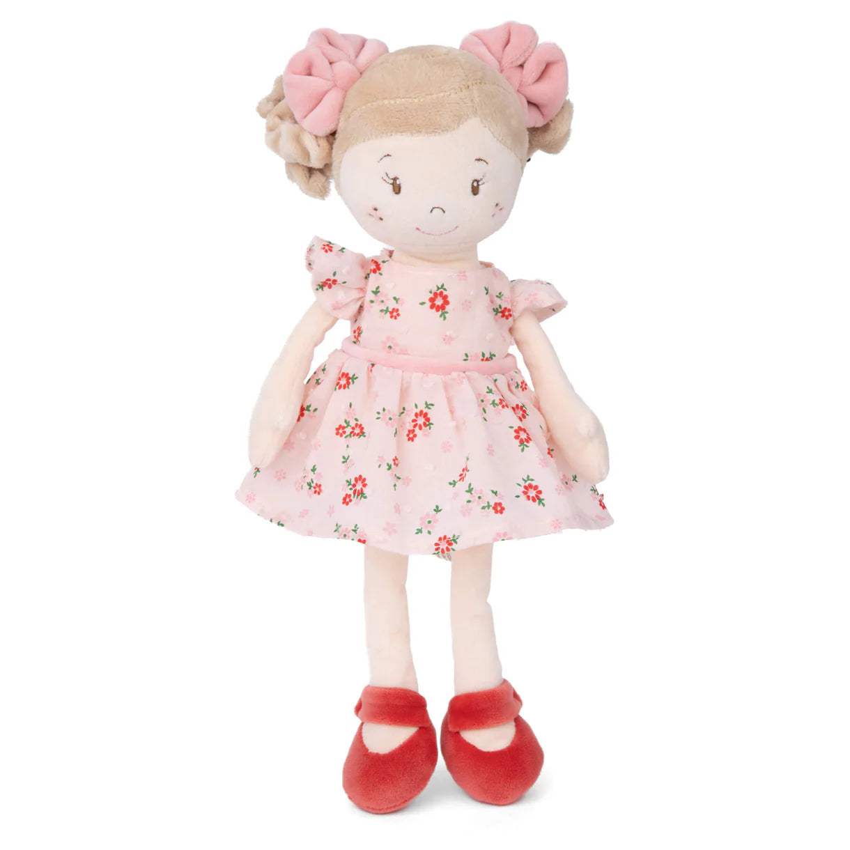 12-inch plush doll named Vendela with blonde hair wearing a pink floral dress and red shoes.