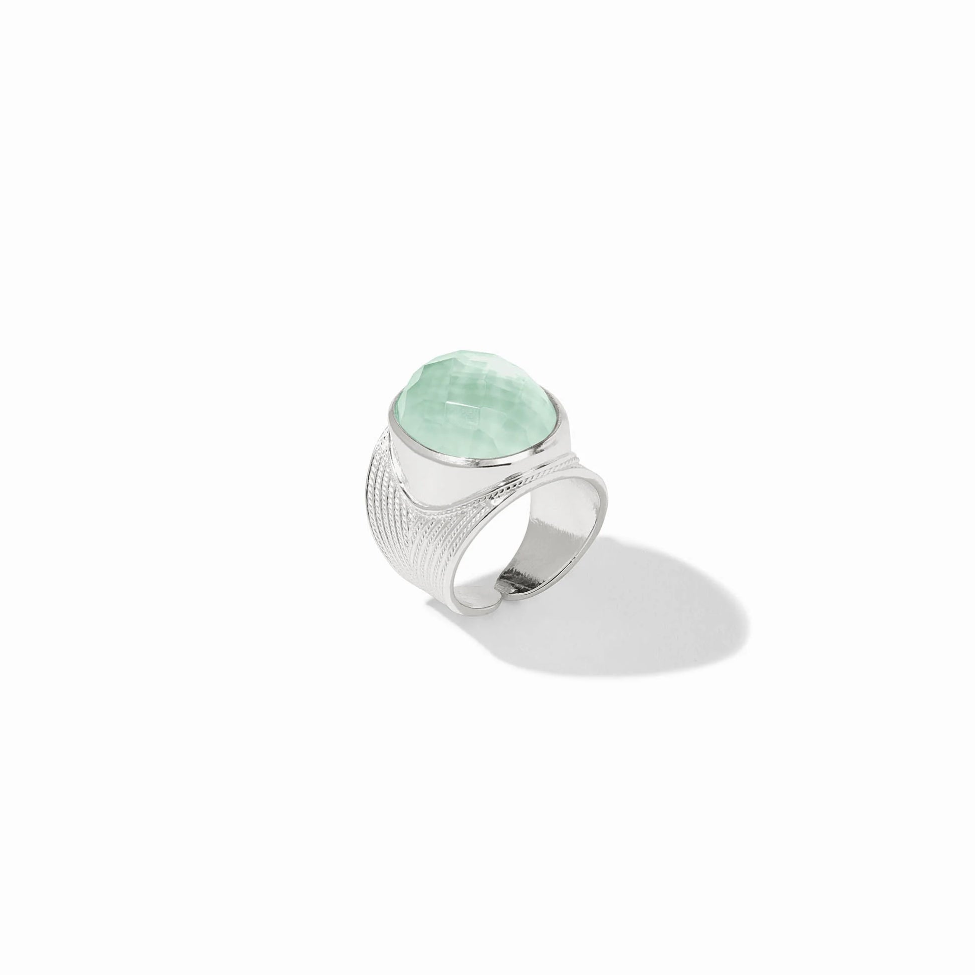 Side view of the silver Verona Statement Ring showing the intricate setting and Julie Vos hallmark.