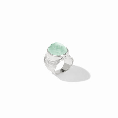 Side view of the silver Verona Statement Ring showing the intricate setting and Julie Vos hallmark.