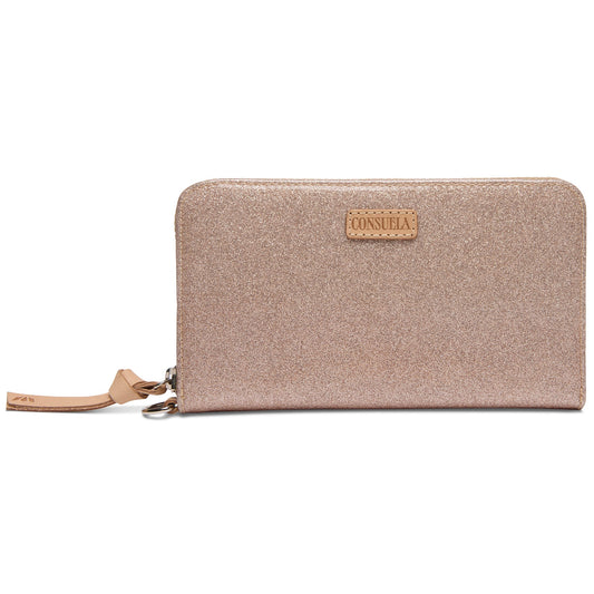 Consuela Emery Essential Wallet in champagne glitter finish with natural leather logo.
