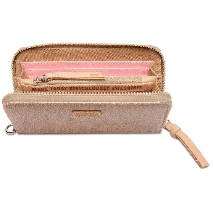Inside view of Emery Essential Wallet showing 12 card slots and zippered center pocket.
