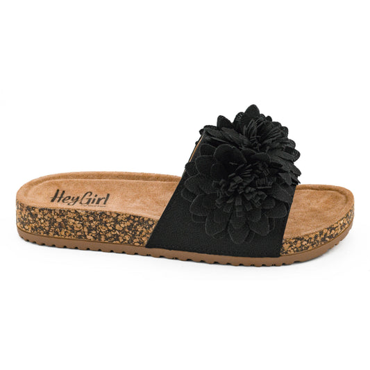 Corkys Wild Child black slide sandal with textured plush upper and comfortable cork footbed.