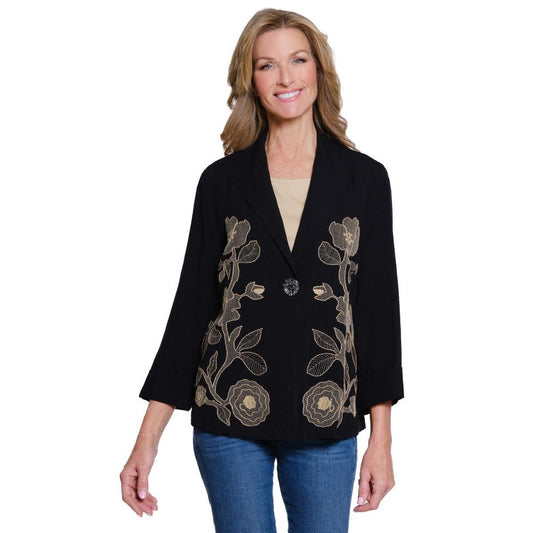 Woven Jacket with Contrast Embroidery - Black