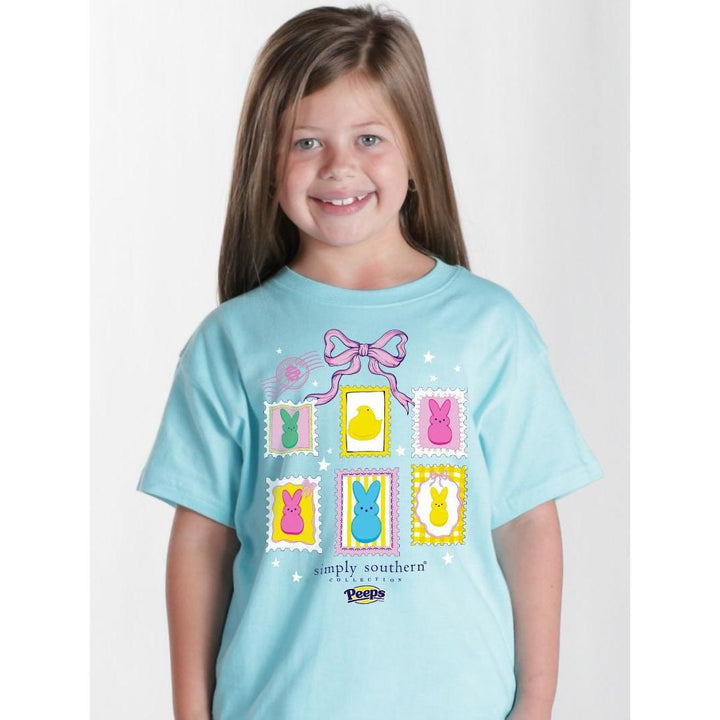 Simply Southern Peeps Stamps Youth Shirt - Aegean Blue Easter Tee