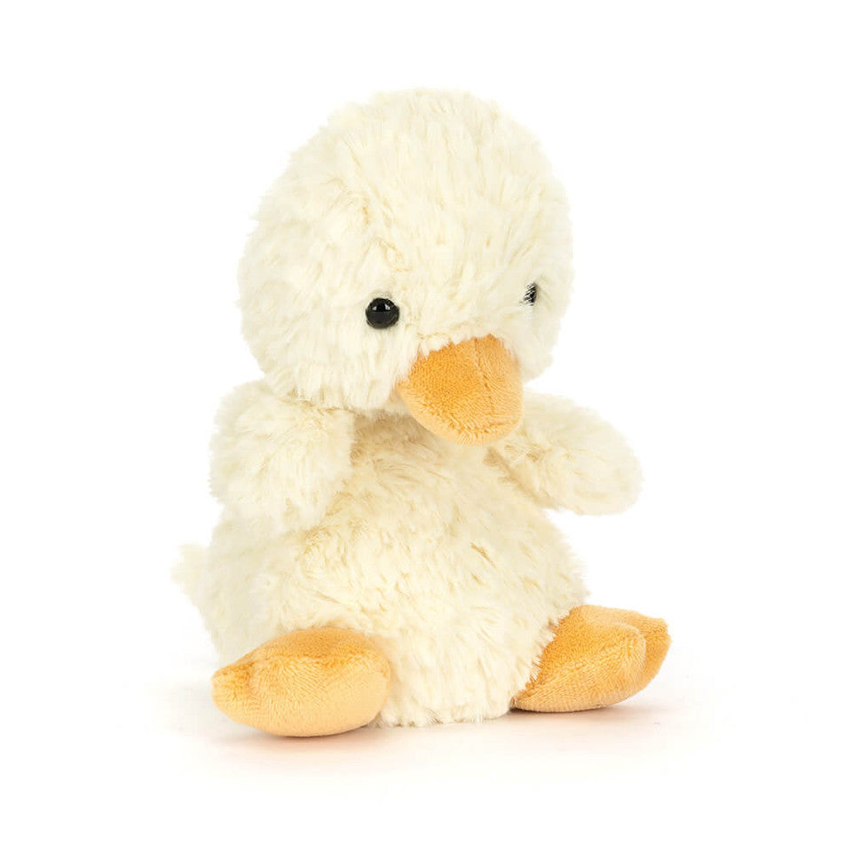 Small, fuzzy yellow Yummy Duckling plush by Jellycat with a golden beak and wings.