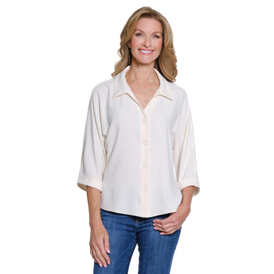 Turn-Up Cuff Dolman Sleeve Y Neck Button Front Shirt