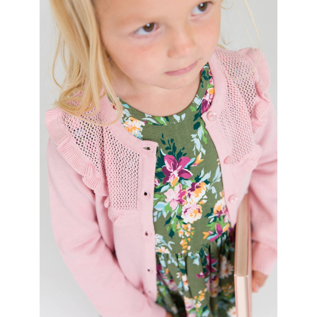 Girls Pink Sweater Knit Ruffle Trim Cardigan