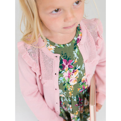 Girls Pink Sweater Knit Ruffle Trim Cardigan