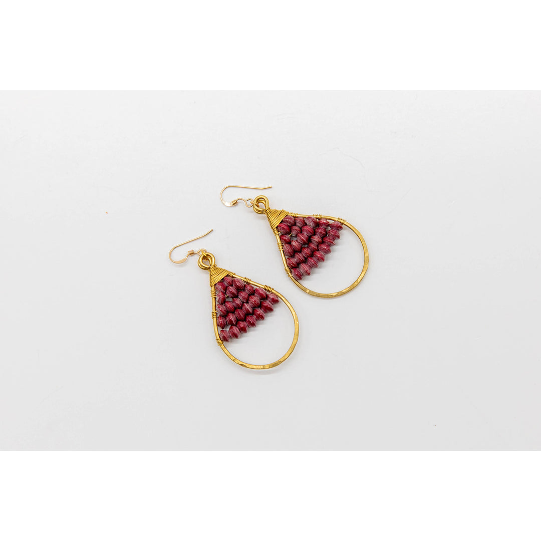 Woven Paper Bead Teardrop Hoop Earrings in Brass