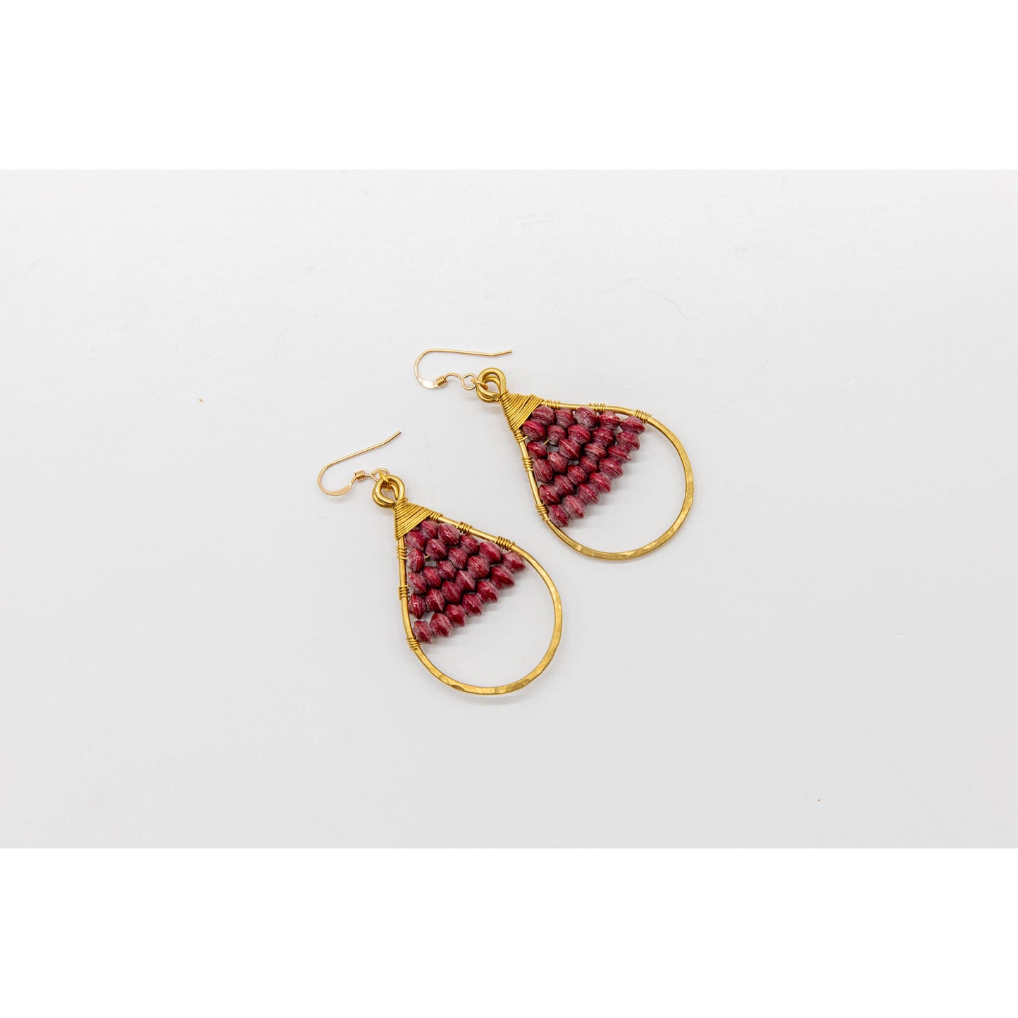 Woven Paper Bead Teardrop Hoop Earrings in Brass