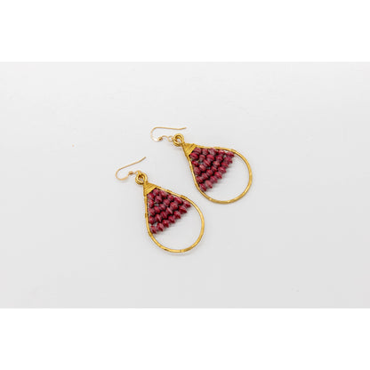 Woven Paper Bead Teardrop Hoop Earrings in Brass