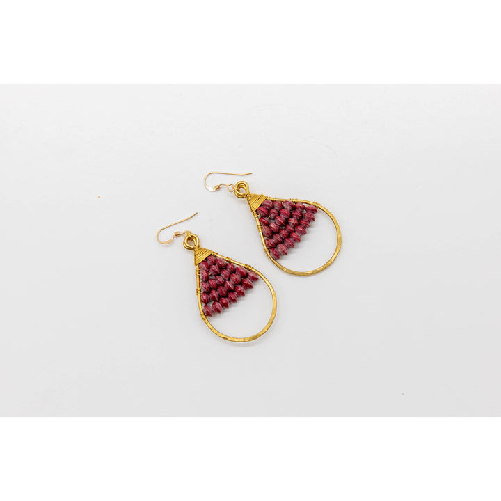 Woven Paper Bead Teardrop Hoop Earrings in Brass