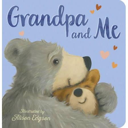 Front cover of "Grandpa and Me" board book featuring a sweet illustration of a grandfather bear and baby bear in a lush outdoor setting.