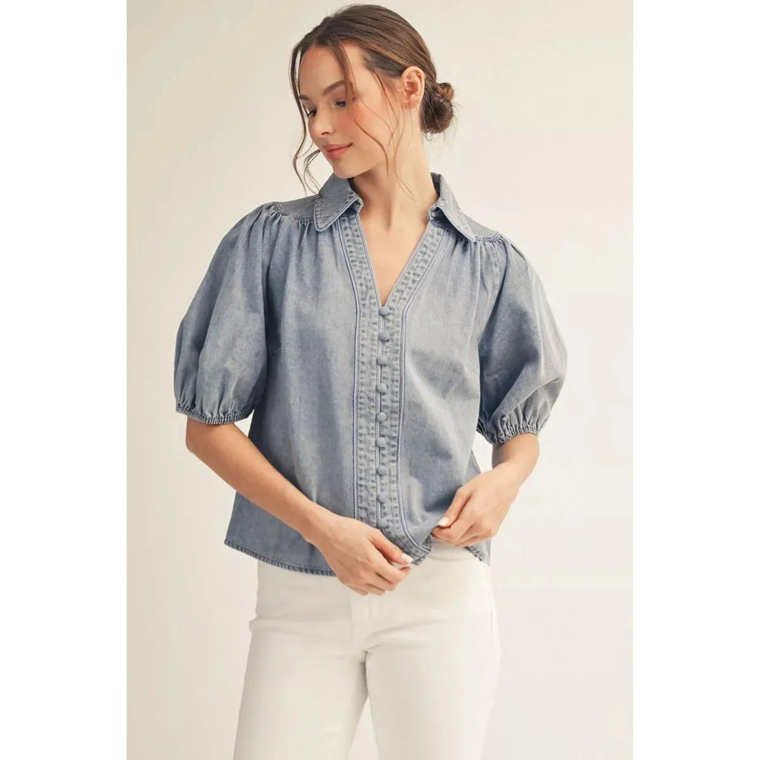River Washed Denim Puff Sleeve Button Down Top - Denim