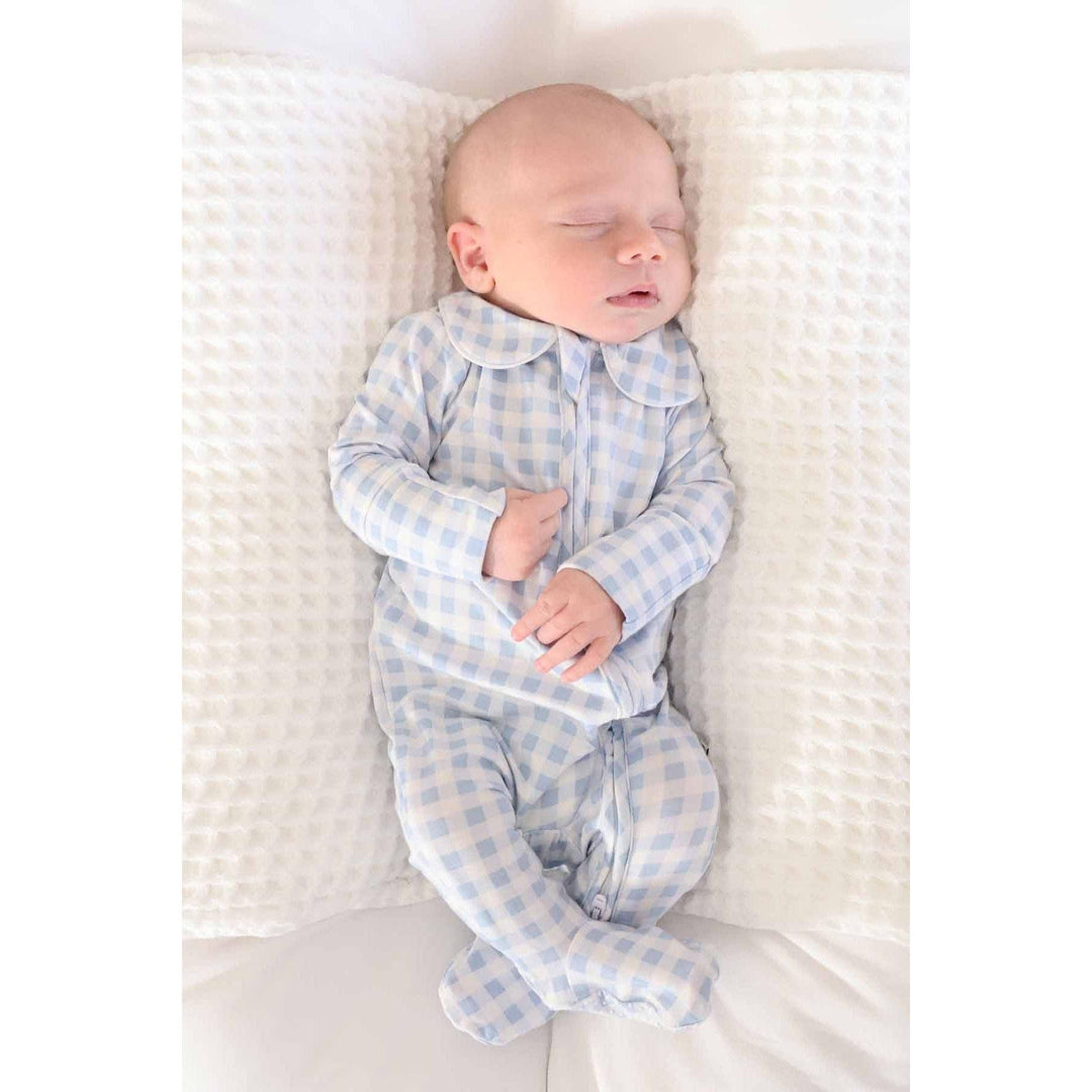Peter Pan Collar Zipper Footie | Dusty Blue Gingham