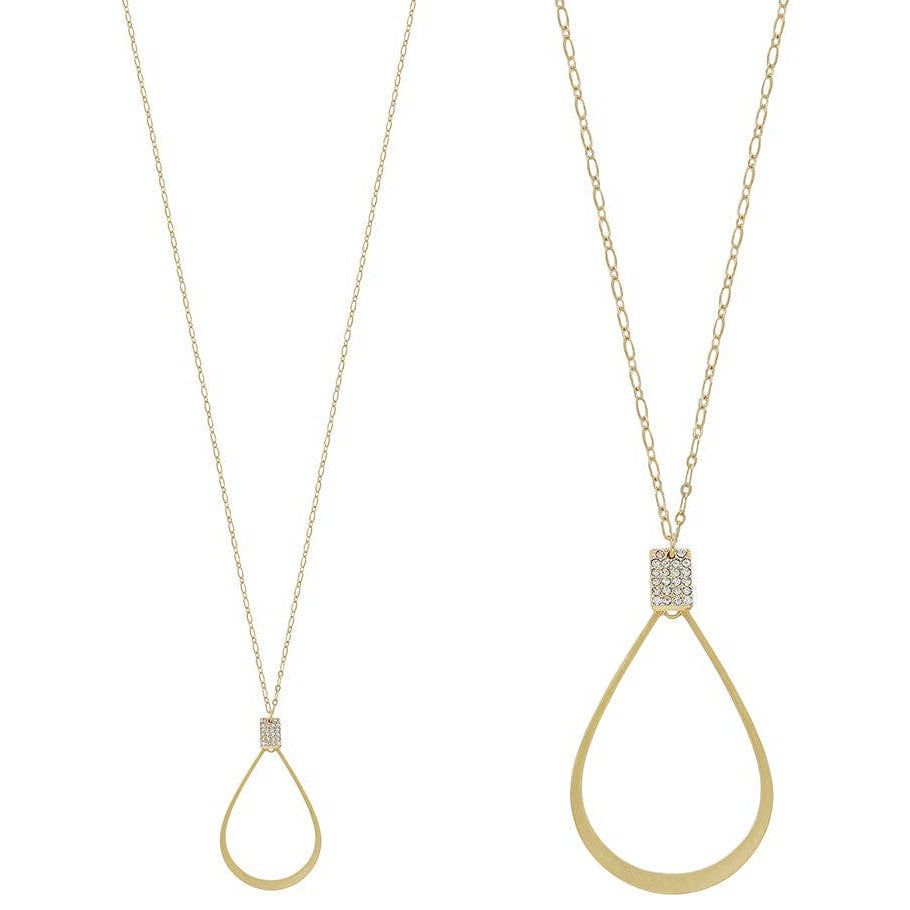 Gold Open Teardrop with Rhinestone Accent 36" Necklace