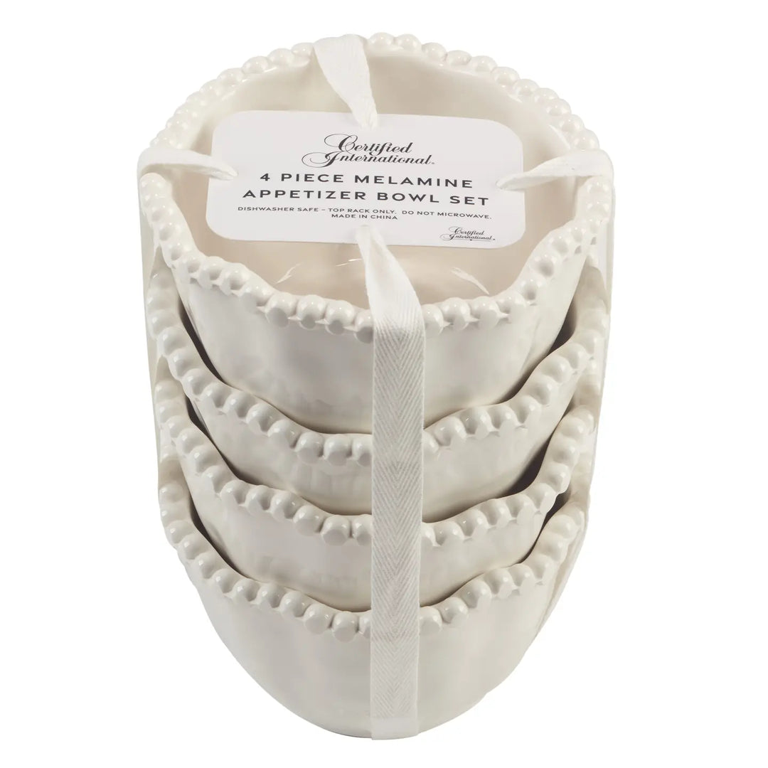 Set of 4 Certified International Perlette Cream melamine appetizer dipping bowls featuring a classic beaded edge design