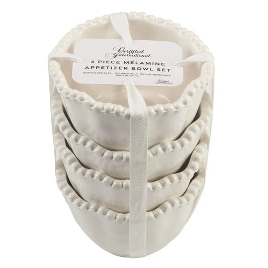 Set of 4 Certified International Perlette Cream melamine appetizer dipping bowls featuring a classic beaded edge design