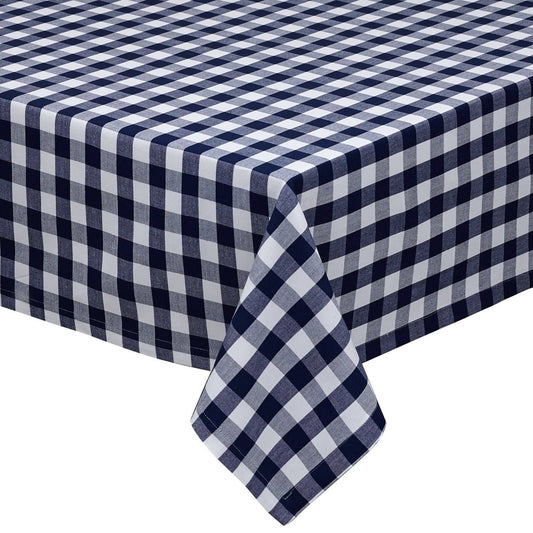 Rectangular blue and white check gingham tablecloth made of 100% cotton on a dining table.