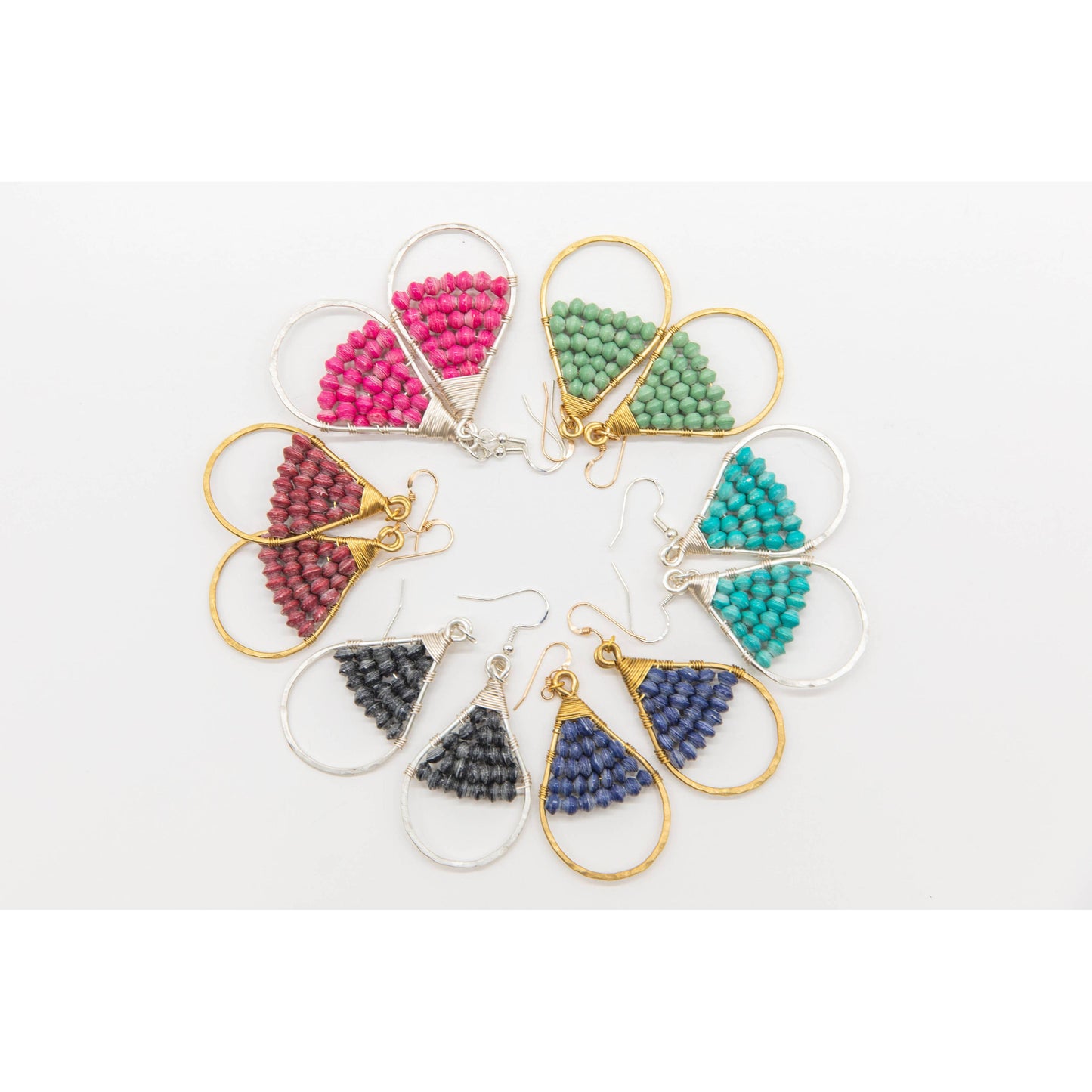 Woven Paper Bead Teardrop Hoop Earrings in Brass