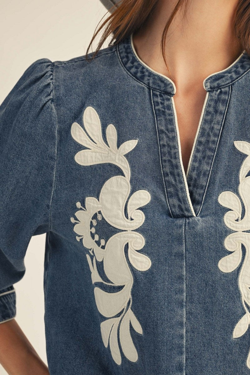 Jodifl 3/4 Sleeve Washed Denim Floral Applique Top - Denim
