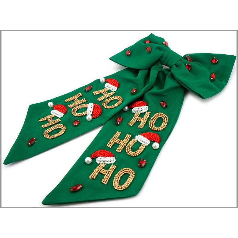 Green Hair Bow with Gold Seed Bead Ho, Ho, Ho