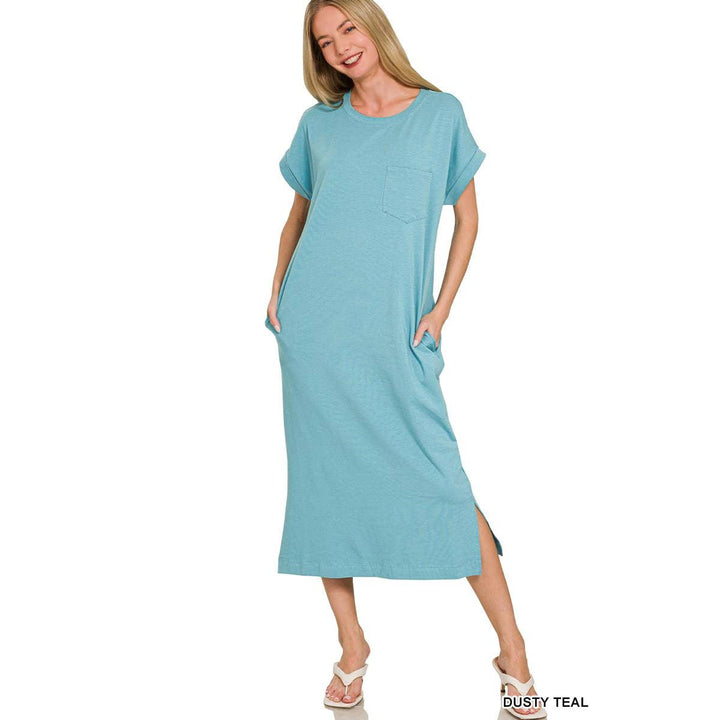 Round Neck Short Sleeve Midi Dress w/ Pockets