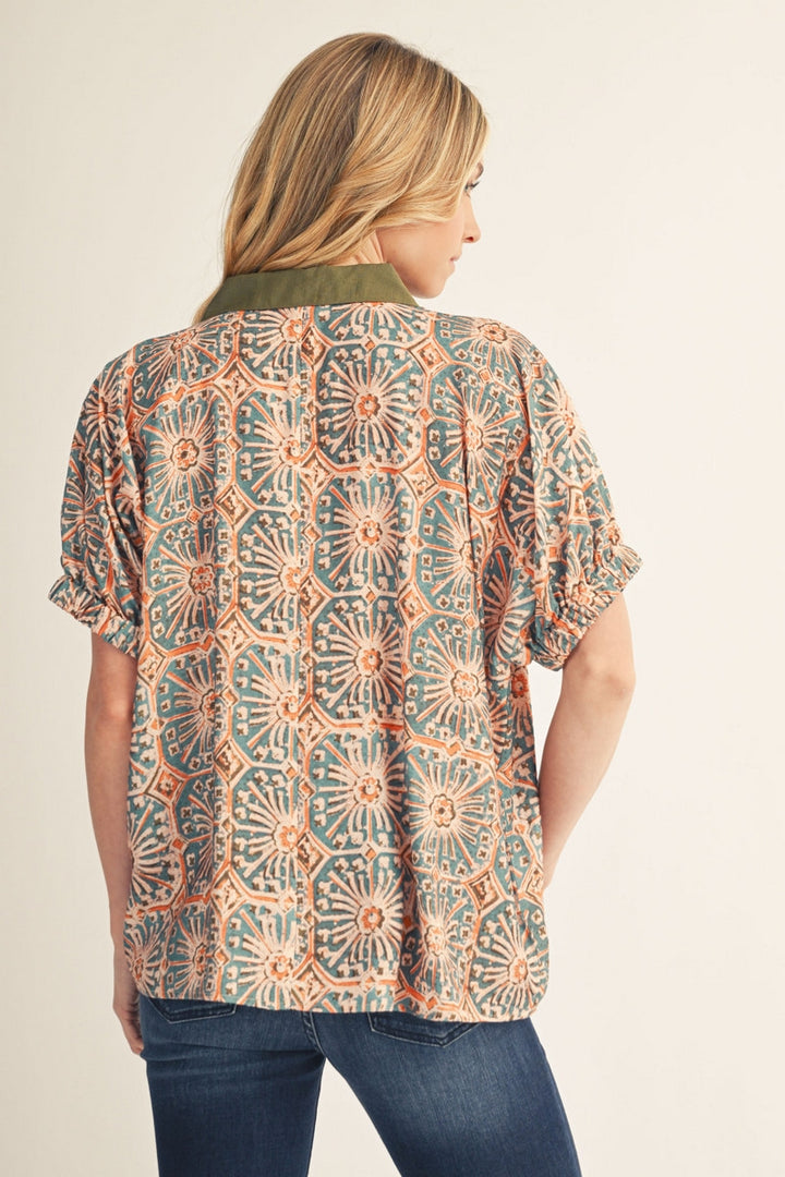 Jodifl Drop Shoulder Boho Print Top - Olive/Teal