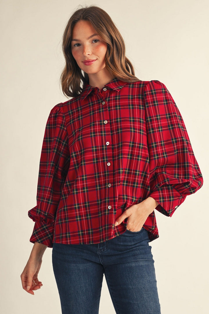 Jodifl 3/4 Puff Sleeve Button Down Plaid Top - Red