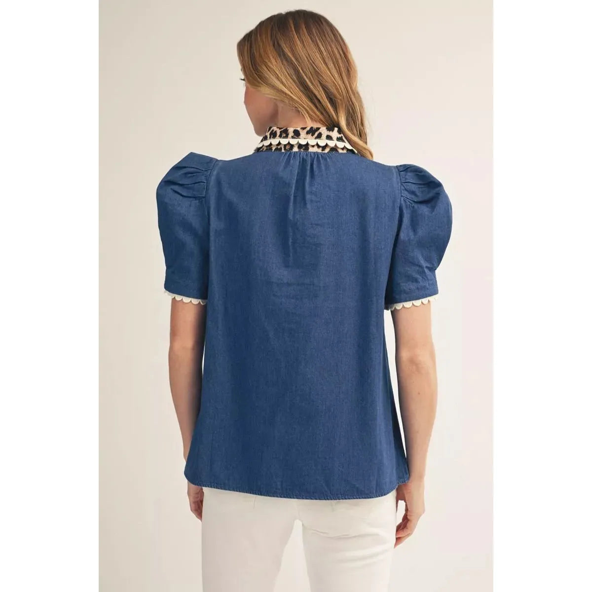 Hadley | Puff Shoulder Denim Top with Leopard & Scallop Trim