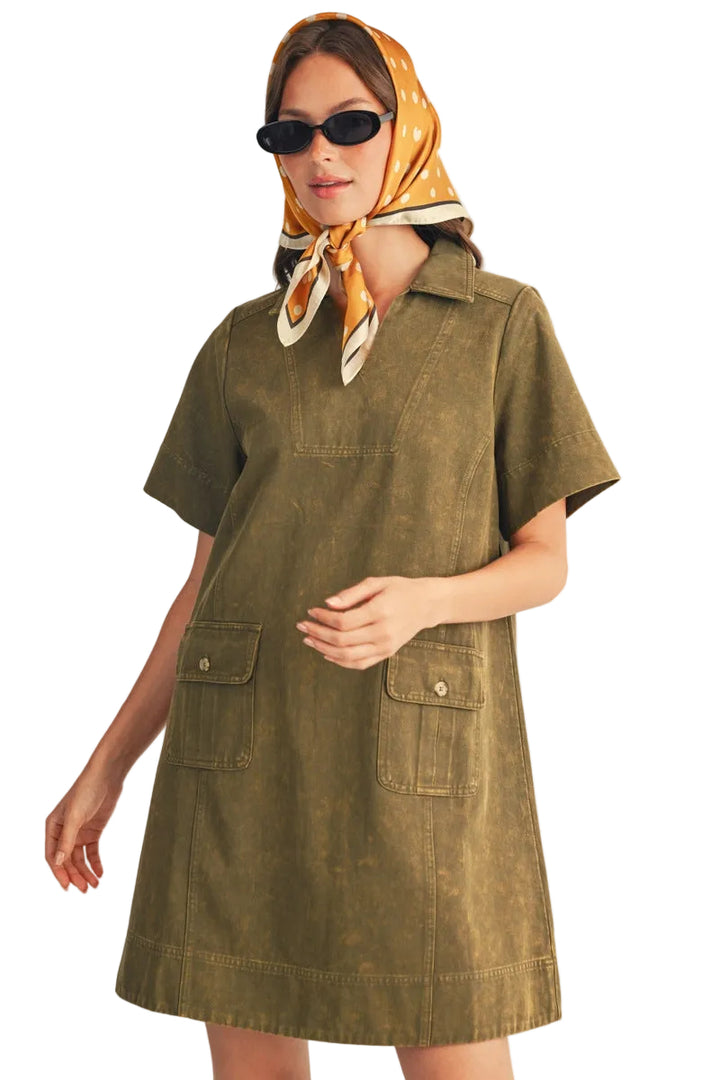 Jodifl Short Sleeve Garment Washed Shift Dress - Olive