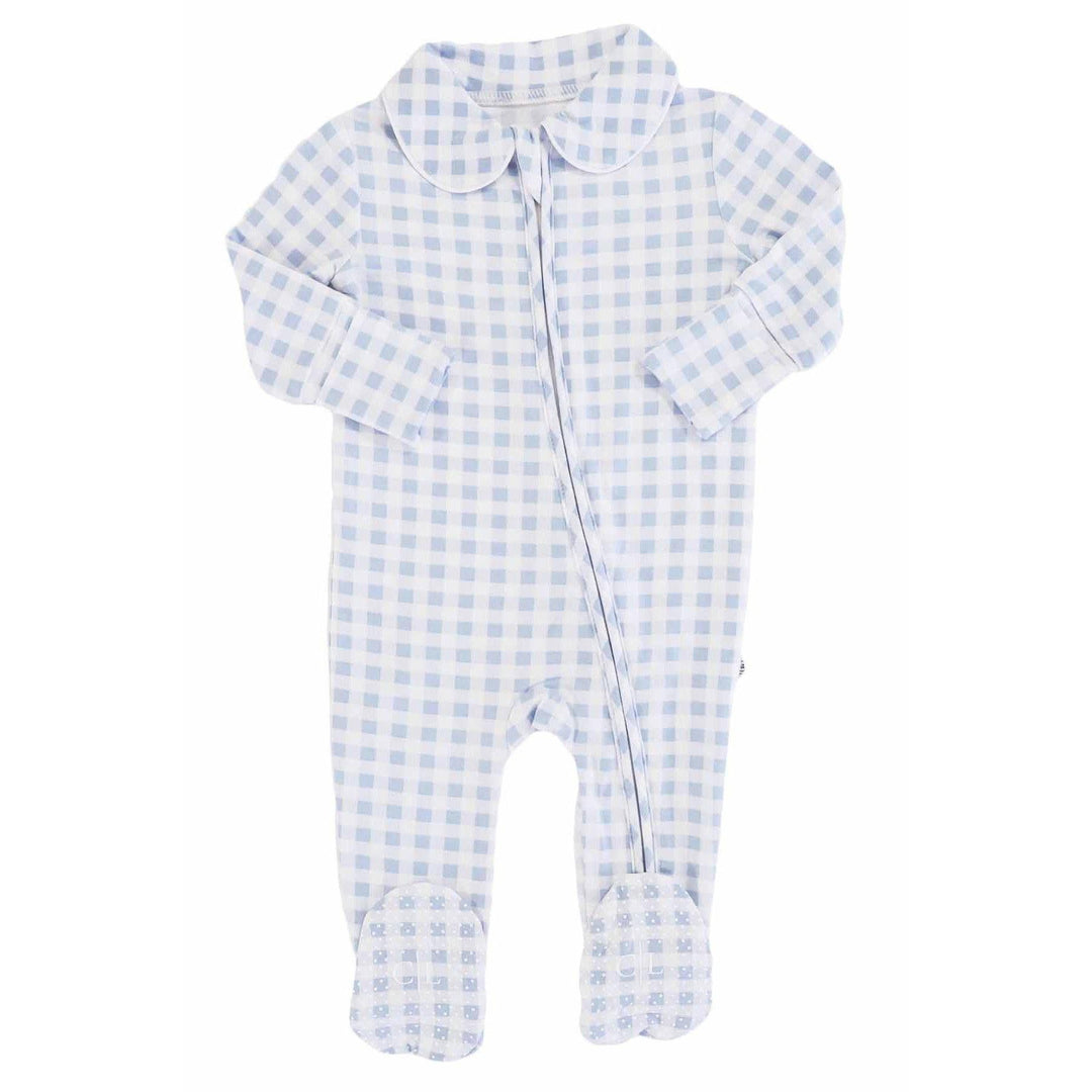 Peter Pan Collar Zipper Footie | Dusty Blue Gingham