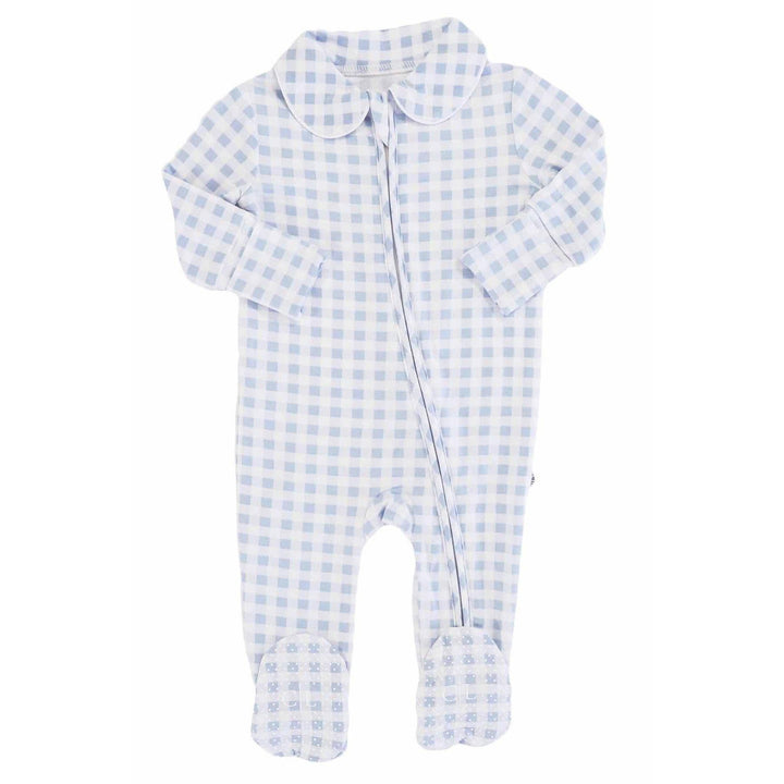 Peter Pan Collar Zipper Footie | Dusty Blue Gingham