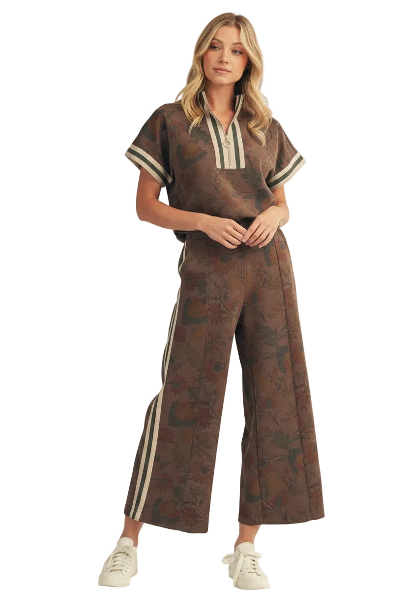 Jodifl Drop Shoulder Floral Zip Top &amp; Wide Leg Pants Set - Brown