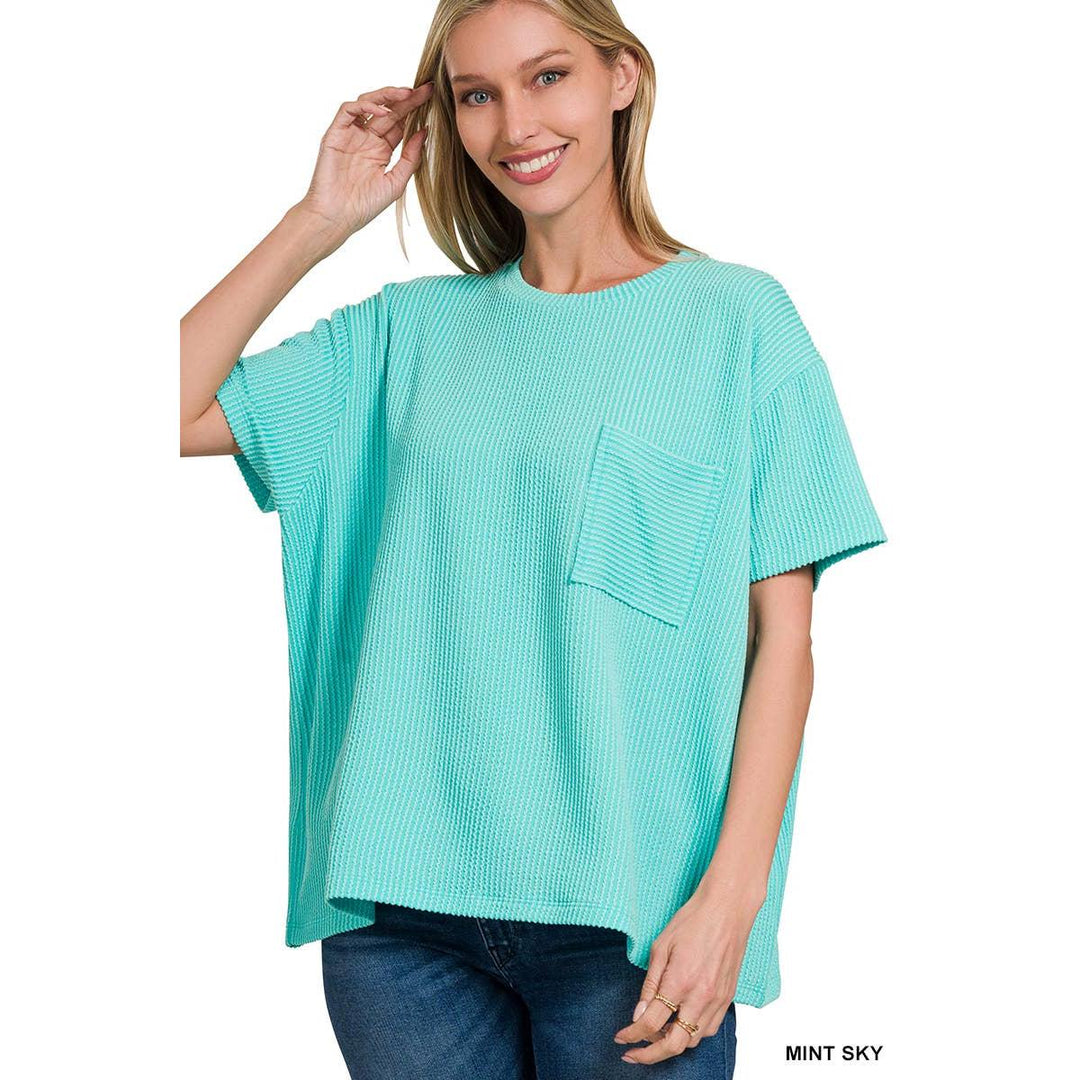 42POPS Corded Rib Pocket Top in Mint &amp; Ocean Blue | Bella Gifts
