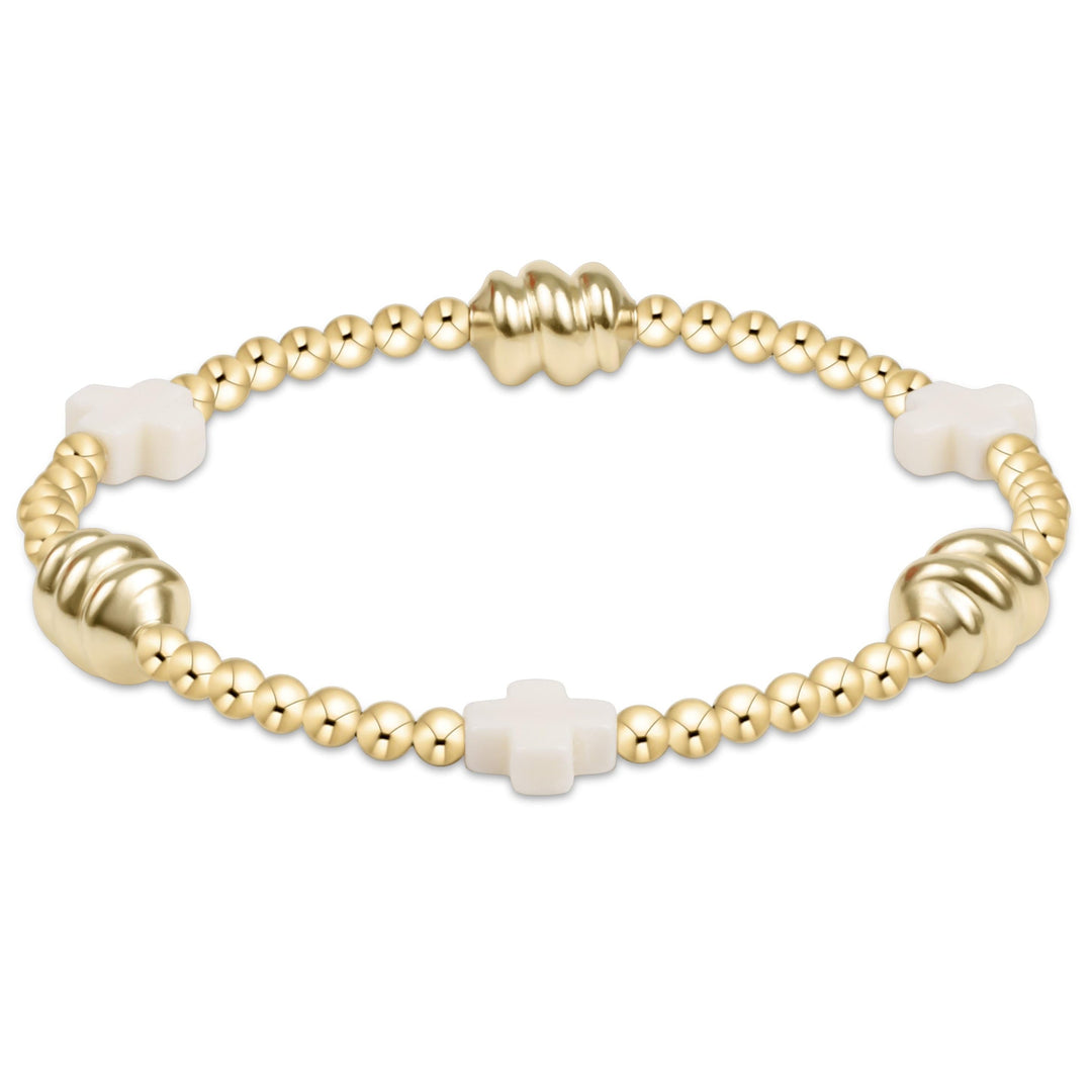 enewton 3mm gold-filled beaded bracelet with off-white signature cross and Admire gold bar