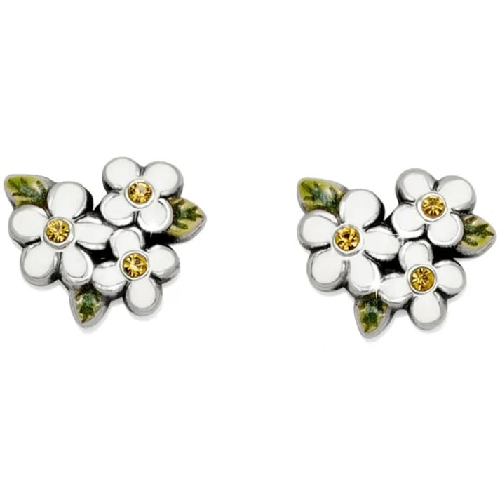 Brighton Always Mini Post Earrings showing petite white enamel flowers with colorful sunny centers and silver-plated backings.