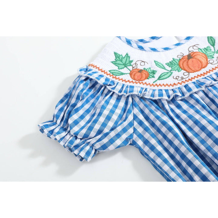 Blue Gingham Pumpkin Smocked Ruffle Romper