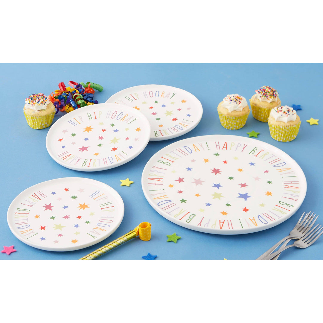 “Hip Hip Hooray” Birthday Dessert Plates – 8” Ceramic Earthenware – Colorful Party Cake Plates for Celebrations &amp; Gifts (Set of 4)