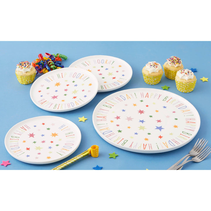 “Hip Hip Hooray” Birthday Dessert Plates – 8” Ceramic Earthenware – Colorful Party Cake Plates for Celebrations &amp; Gifts (Set of 4)