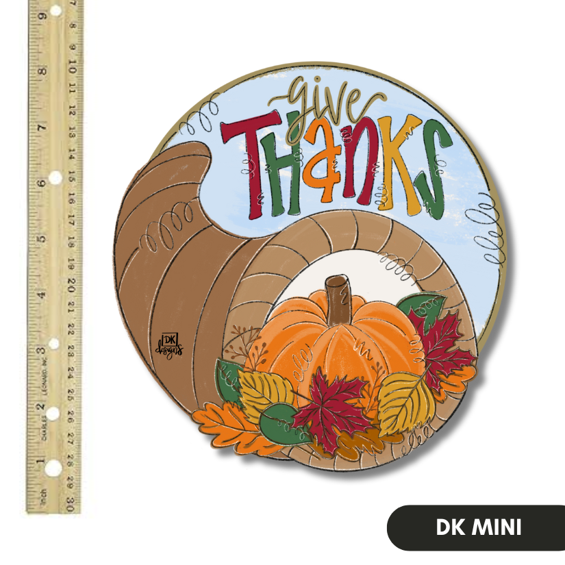DK Designs Georgia Give Thanks Thanksgiving mini door hanger sign with cornucopia, pumpkin and fall leaves