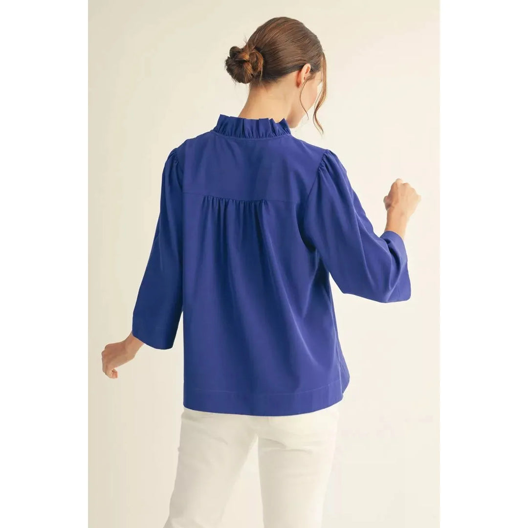 Isla | Ruffle Neck 3/4 Sleeve Crinkle Top