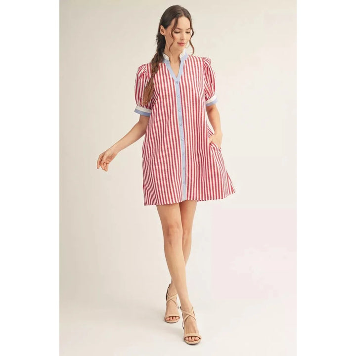 Grace Stripe Puff Sleeve Shift Dress in Red