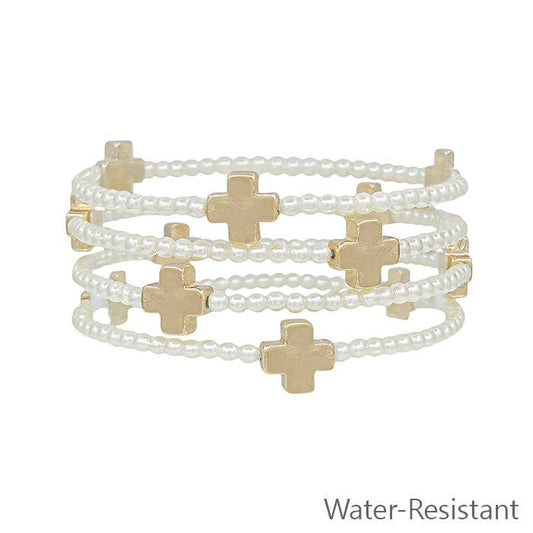 Water Resistant Pearl Beaded with Gold Cross Shape (Set of 4) Stretch Bracelet