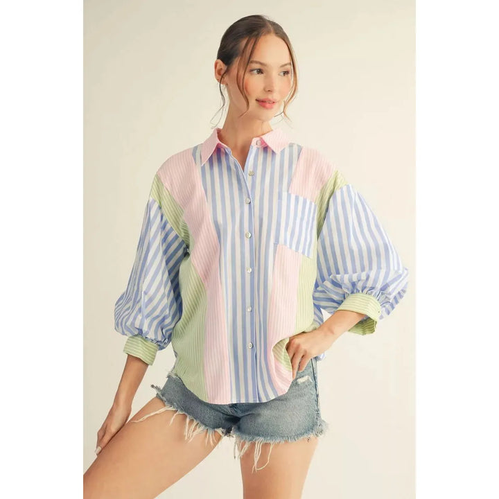 Margot Stripe Mix Match Button Down Top - Blue/Pink