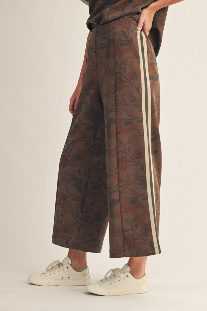 Jodifl Drop Shoulder Floral Zip Top &amp; Wide Leg Pants Set - Brown