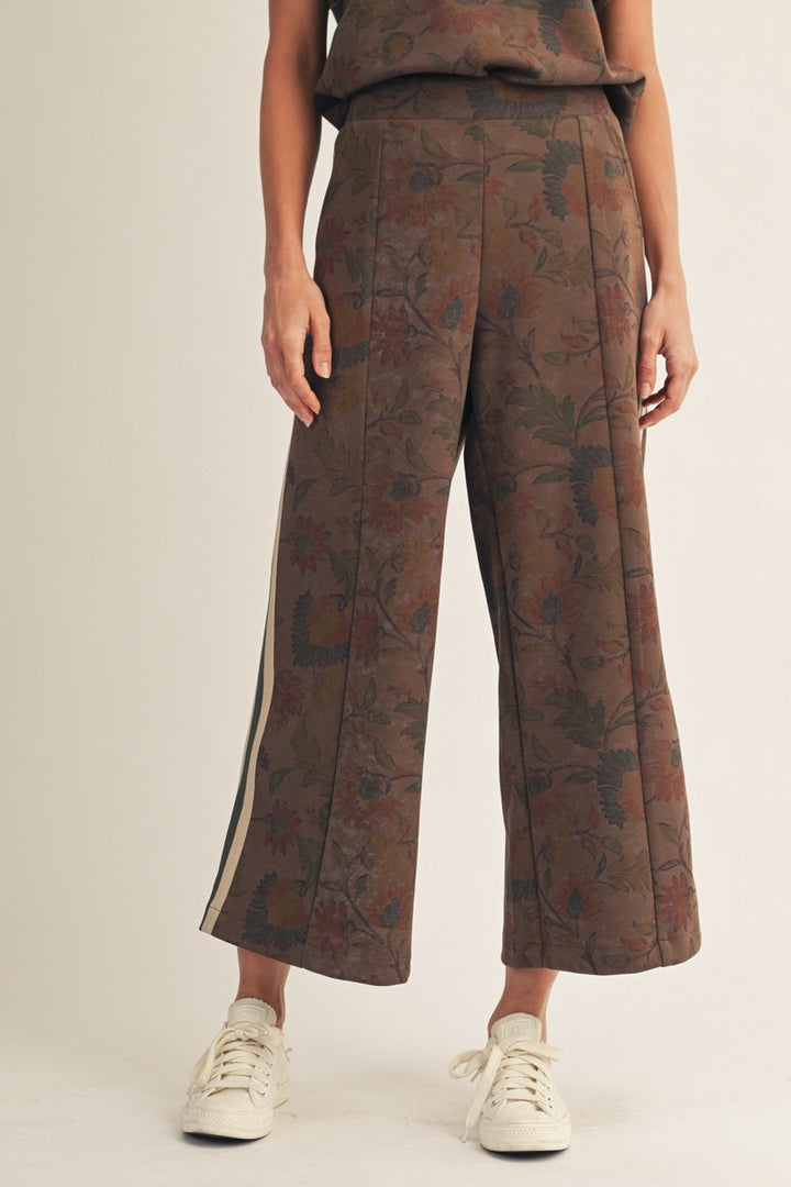 Jodifl Drop Shoulder Floral Zip Top &amp; Wide Leg Pants Set - Brown